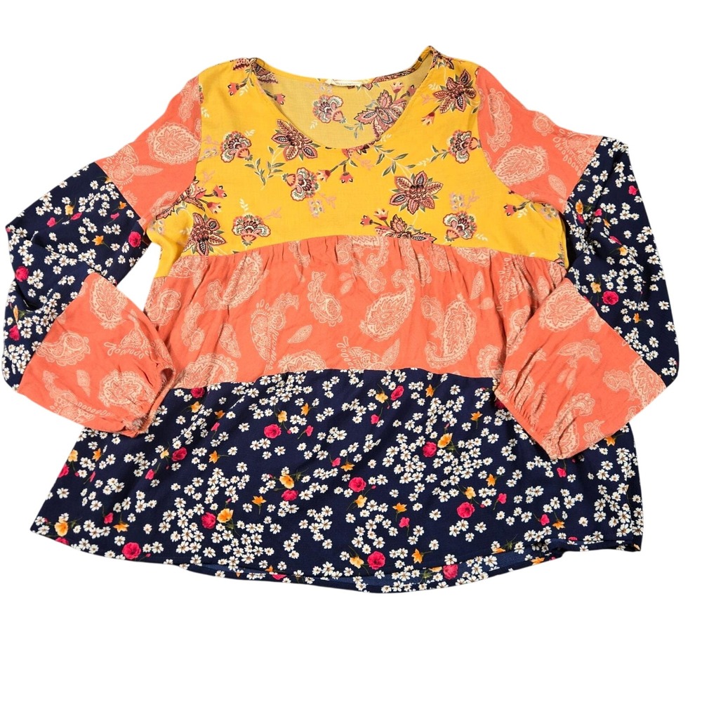 Oddi Mixed Print Babydoll Top Women XL Multi Color  Boho Floral Blouse